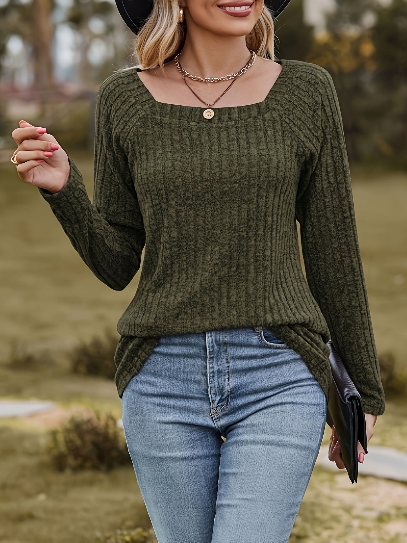 Casual Ribbed Long Sleeve Square Neck Jumper