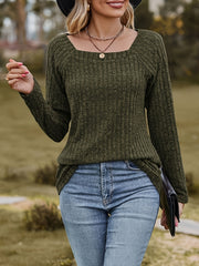 Casual Ribbed Long Sleeve Square Neck Jumper