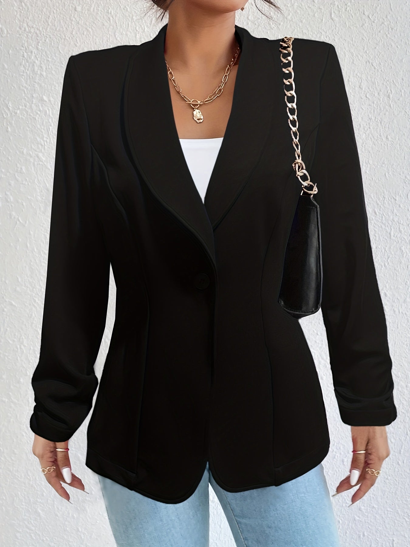 Solid Open Front Blazer Casual Lapel Ruched Sleeve Blazer