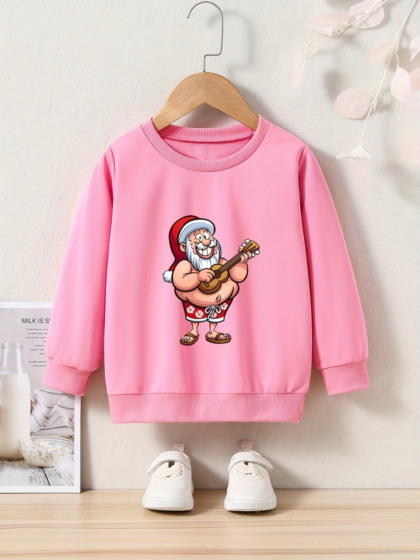 Christmas Santa Print Girls Pullover Sweatshirt Long Sleeve Crew Neck Tops