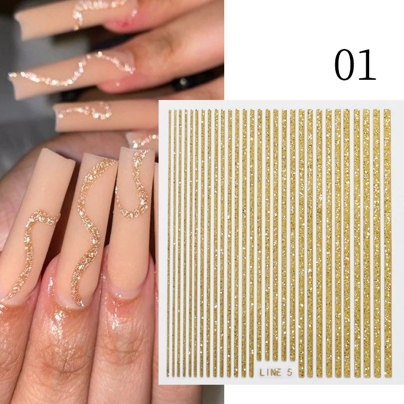 3D Lines Nail Stickers Holographic Silvery Rose Metal Stripe Letters Decals