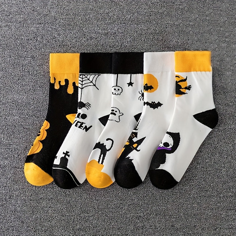 5 Pairs Skull & Bat Print Halloween Crew Socks Women's Stockings