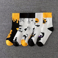 5 Pairs Skull & Bat Print Halloween Crew Socks Women's Stockings