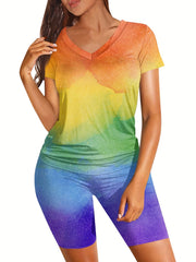 V Neck Short Sleeve Tee & Workout Slim Shorts Set Women's Clothing