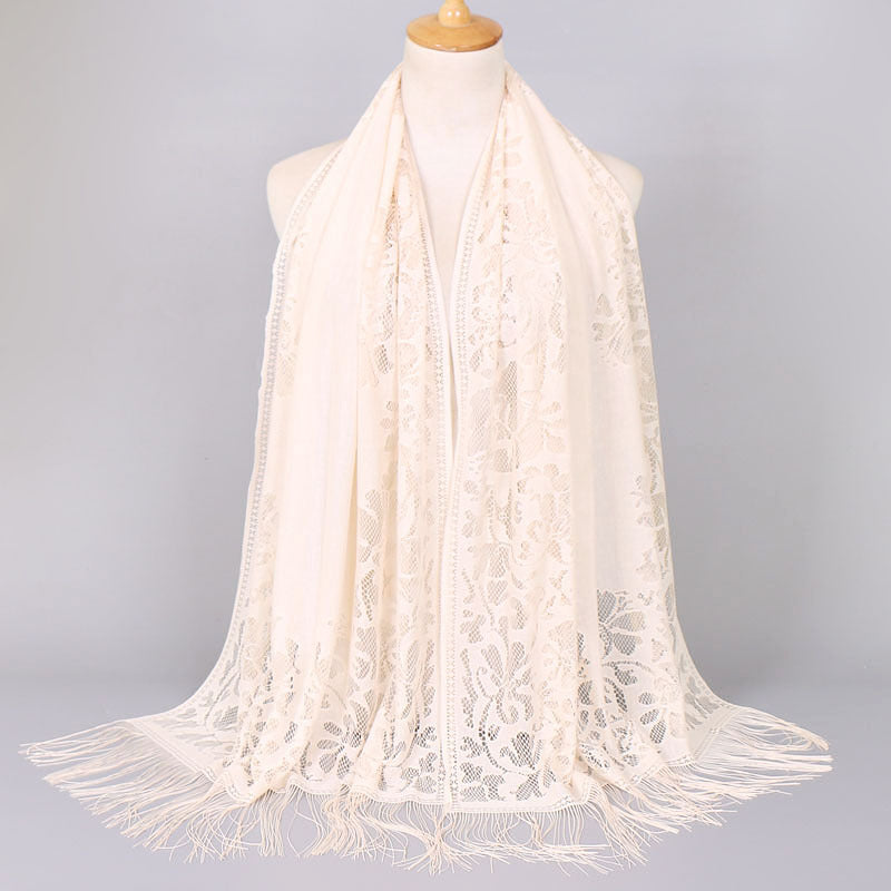 Floral Lace Scarf Shawl With Tassels Soft Mesh Fringe Wraps