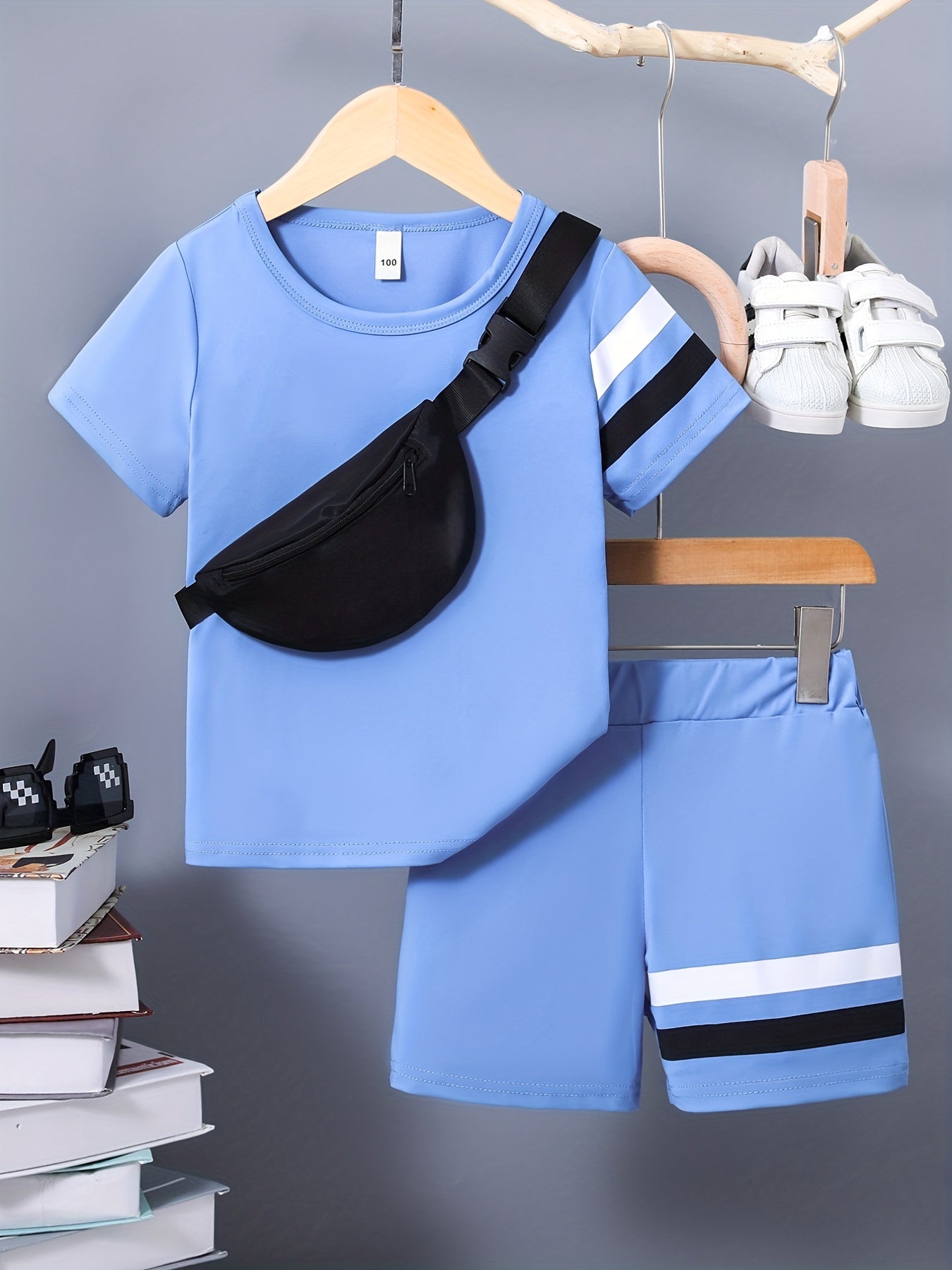 3pcs Boys Casual Stripe Short Sleeve T shirt&Shorts&Crossbody Bag Set