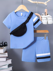 3pcs Boys Casual Stripe Short Sleeve T shirt&Shorts&Crossbody Bag Set