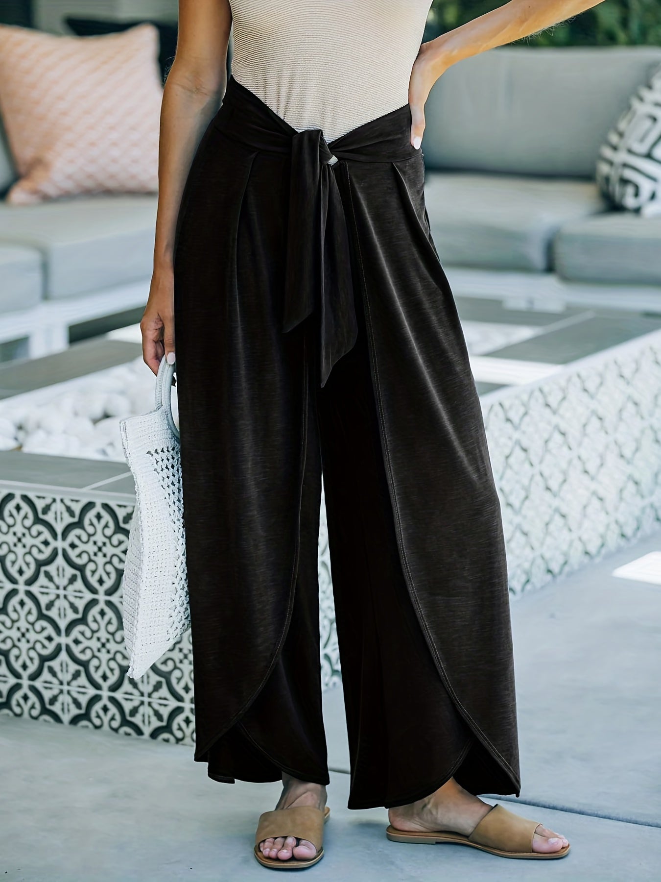 Bow Front Pleated Pants Loose Fit