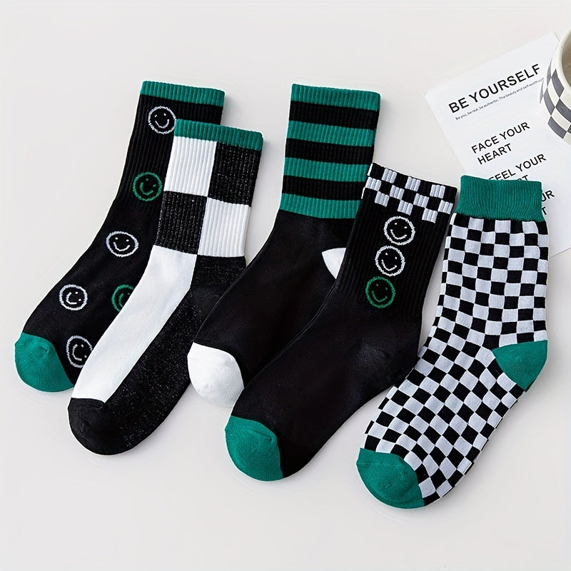5 Pairs Plaid Print Crew Socks for Women