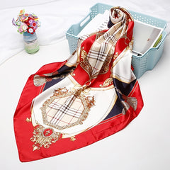 Red Silk Plaid Square Scarf Large Shawl Women Headwrap Hair Accessories
