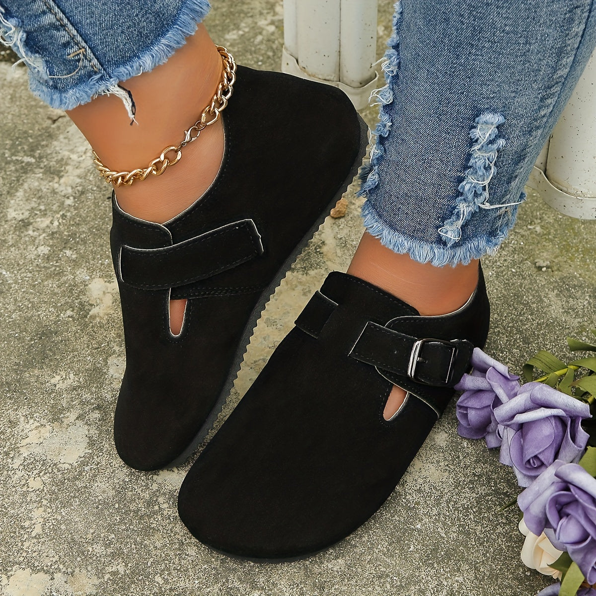 Women's Round Toe Solid Flat Ankle Buckle Shoes