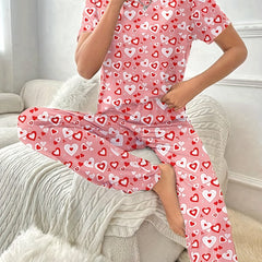 Heart Print Pajama Set Short Sleeve Top & Lounge Pants Women's Sleepwear