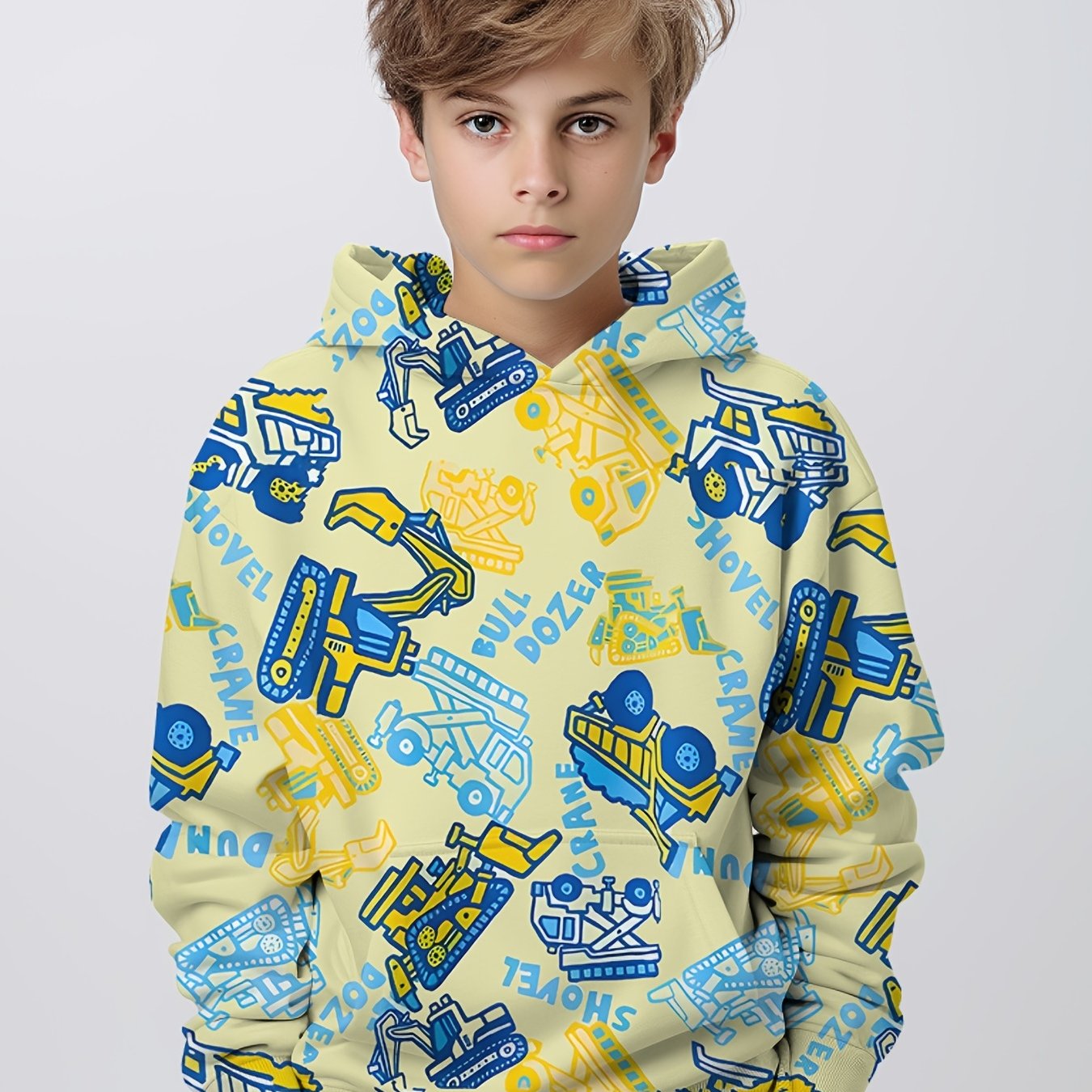 Cartoon Construction Cars Boys Hooded Sweatshirt