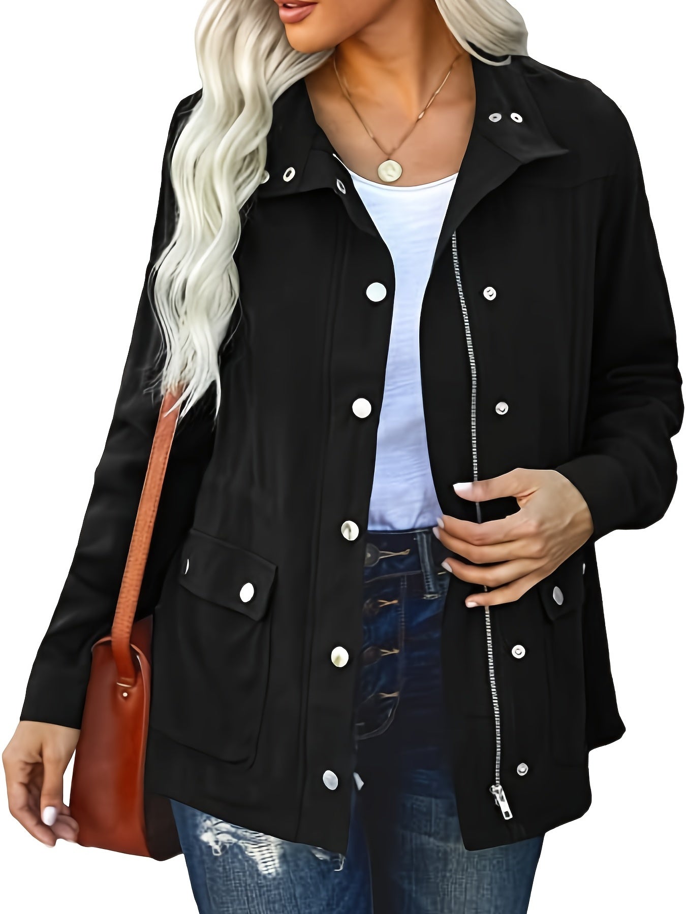 Button & Zipper Dual Pockets Jacket Fall & Winter Women's Clothing