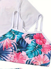 3pcs Girls Swimsuit Set Short Sleeve Top Cami Top Shorts Set
