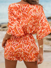 Allover Print V Neck Romper Jumpsuit Casual Half Sleeve Belted Romper