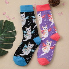 2 Pairs Cat Print Mid Tube Socks Women's Stockings