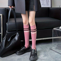 3 Pairs Colorblock Striped Calf Socks College Style Knee High Socks Women's