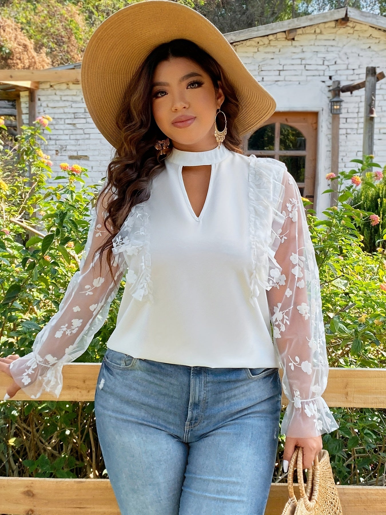 Mesh Jacquard Ruffle Trim Blouse