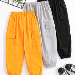Boys Casual Cargo Pants Elastic Waist Jogger Pants With Pocket