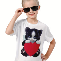 3D Sweet Cat & Heart Graphic Short Sleeve T-shirt Breathable Comfy