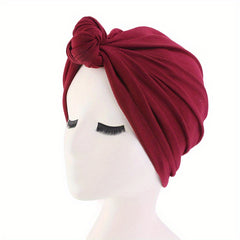 Knotted Pleated Turban Cap Solid Elastic Bonnet Chemo Cap