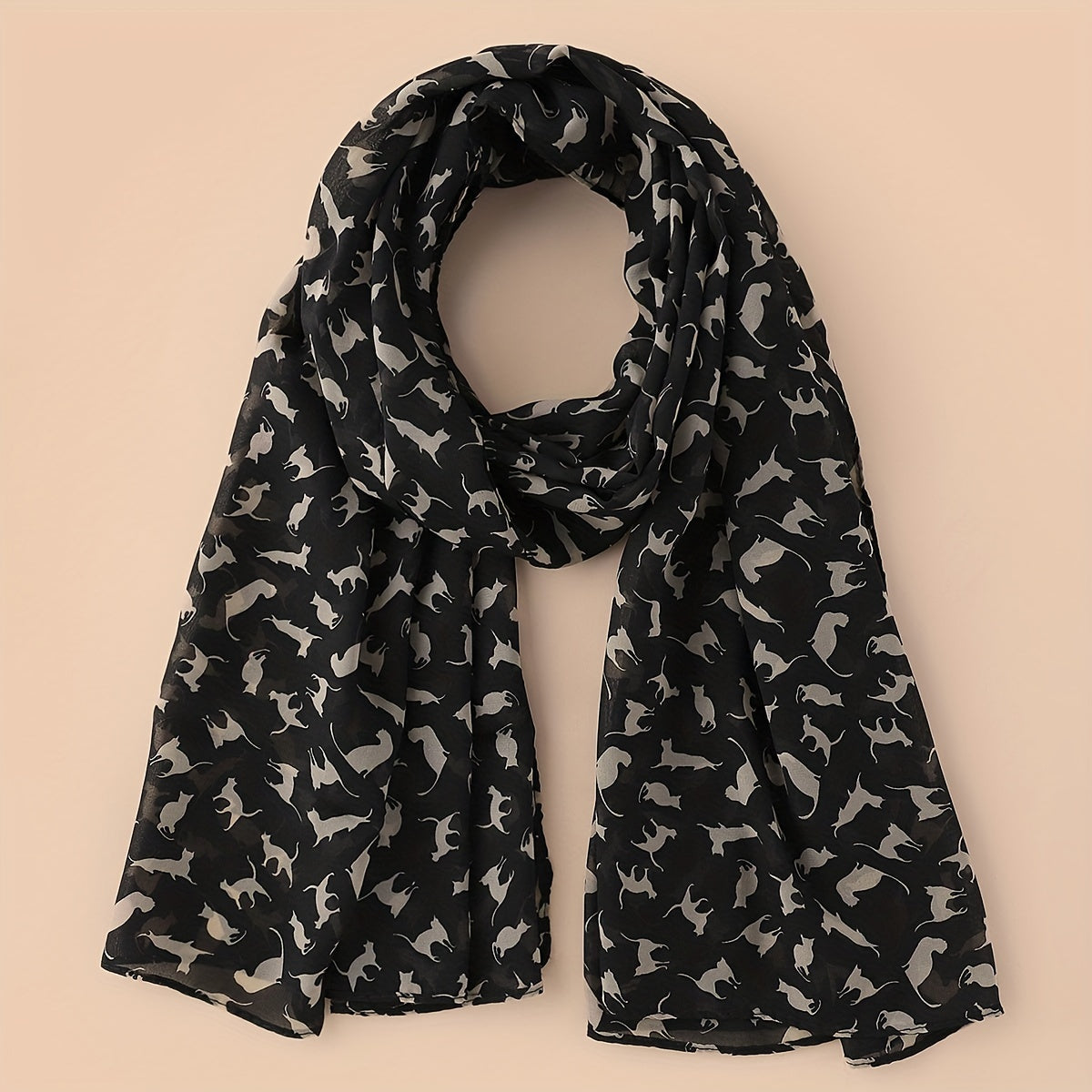 Vintage Cartoon Cat Print Chiffon Scarf Solid Shawl Headwrap