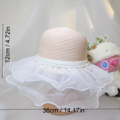 Pearl Decor Straw Sun Hat Ruffles Lace Mesh Beach Hat for Women