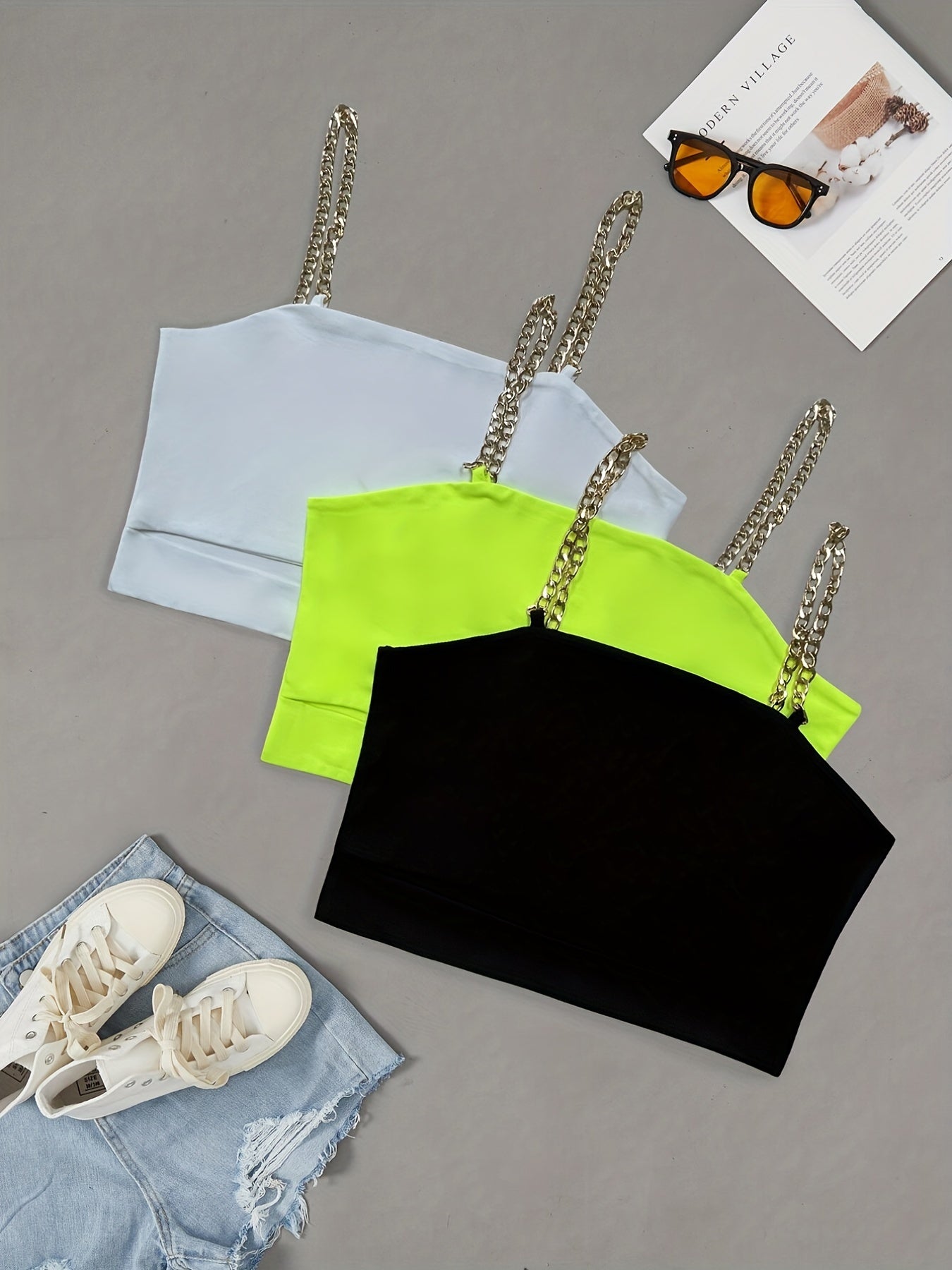3 Pack Chain Straps Crop Cami Tops - Sleeveless Summer Top
