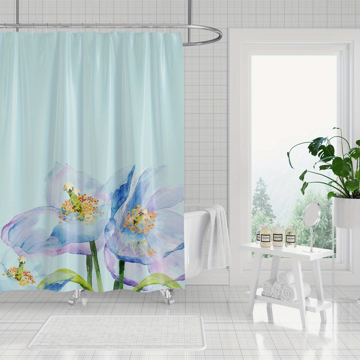 Flower Pattern Shower Curtain Waterproof Fabric