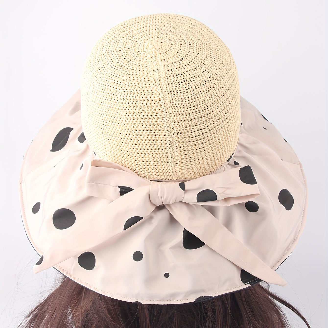 Beige UV Protection Sun Hat Large Brim Breathable Bucket Hat Strap Bowknot