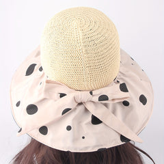 Beige UV Protection Sun Hat Large Brim Breathable Bucket Hat Strap Bowknot