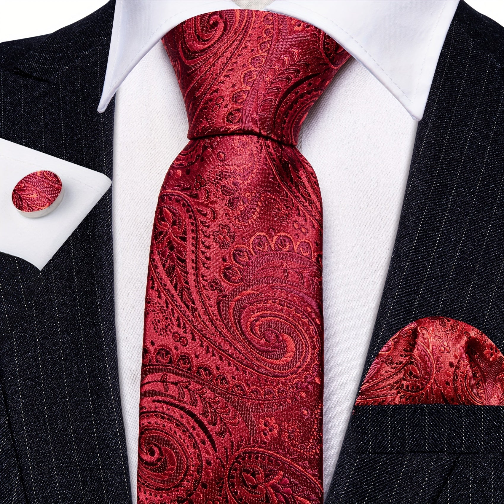 Barry Wang Men's Silk Ties Jacquard Red Paisley Floral Necktie Set