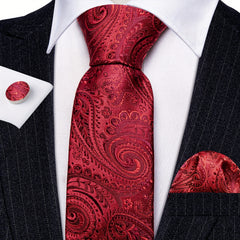 Barry Wang Men's Silk Ties Jacquard Red Paisley Floral Necktie Set