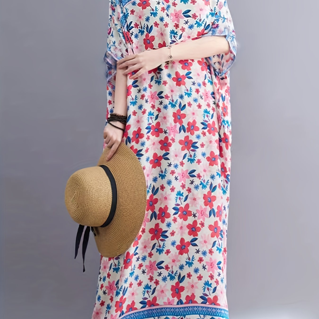 Floral Print V Neck Maxi Dress for Plus Size Women