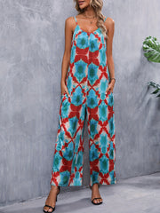 Geometric Print Wide Leg Spaghetti Jumpsuit Backless