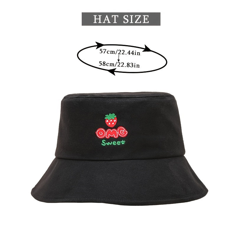 Strawberry Embroidery Bucket Hat Outdoor Fisherman Cap