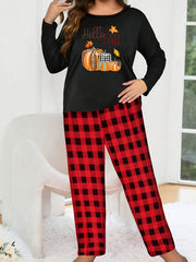 Pumpkin & Maple Leaf Print Pajama Set Long Sleeve Tee & Plaid Pants