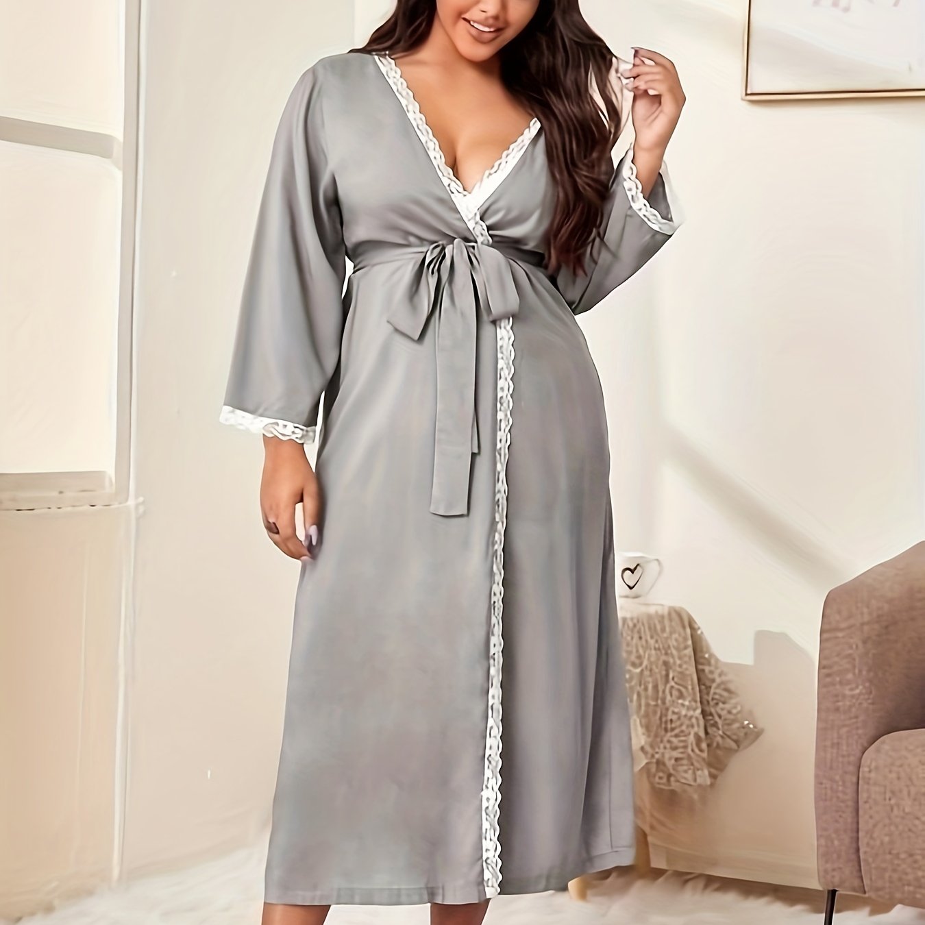 Robe Women's Lace Trim Bathrobe With Belt
