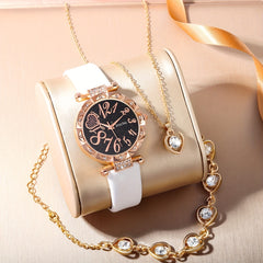 1pc Student Digital Rhinestone Quartz Watch & 5pcs Children's Jewelry Set