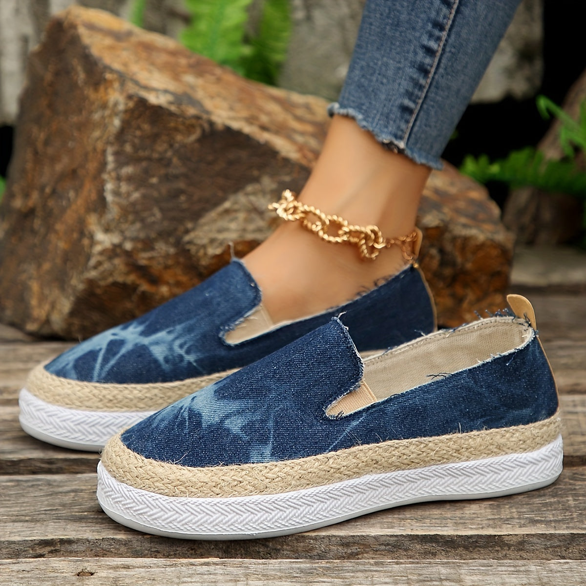 Women's Denim Platform Espadrille Sneakers Slip On Flat Low Top Shoes
