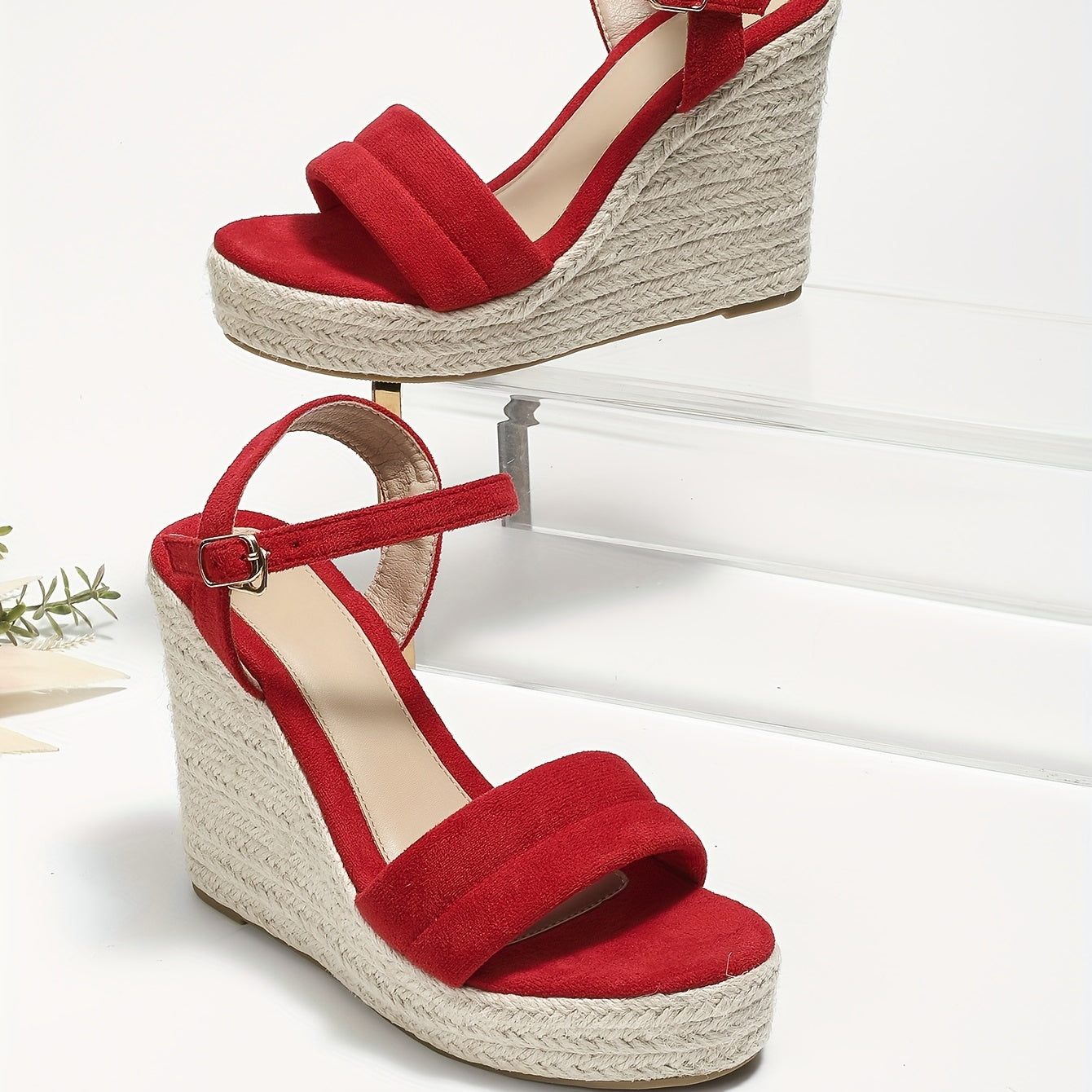 Red Wedged Heeled Sandals with Buckle Strap