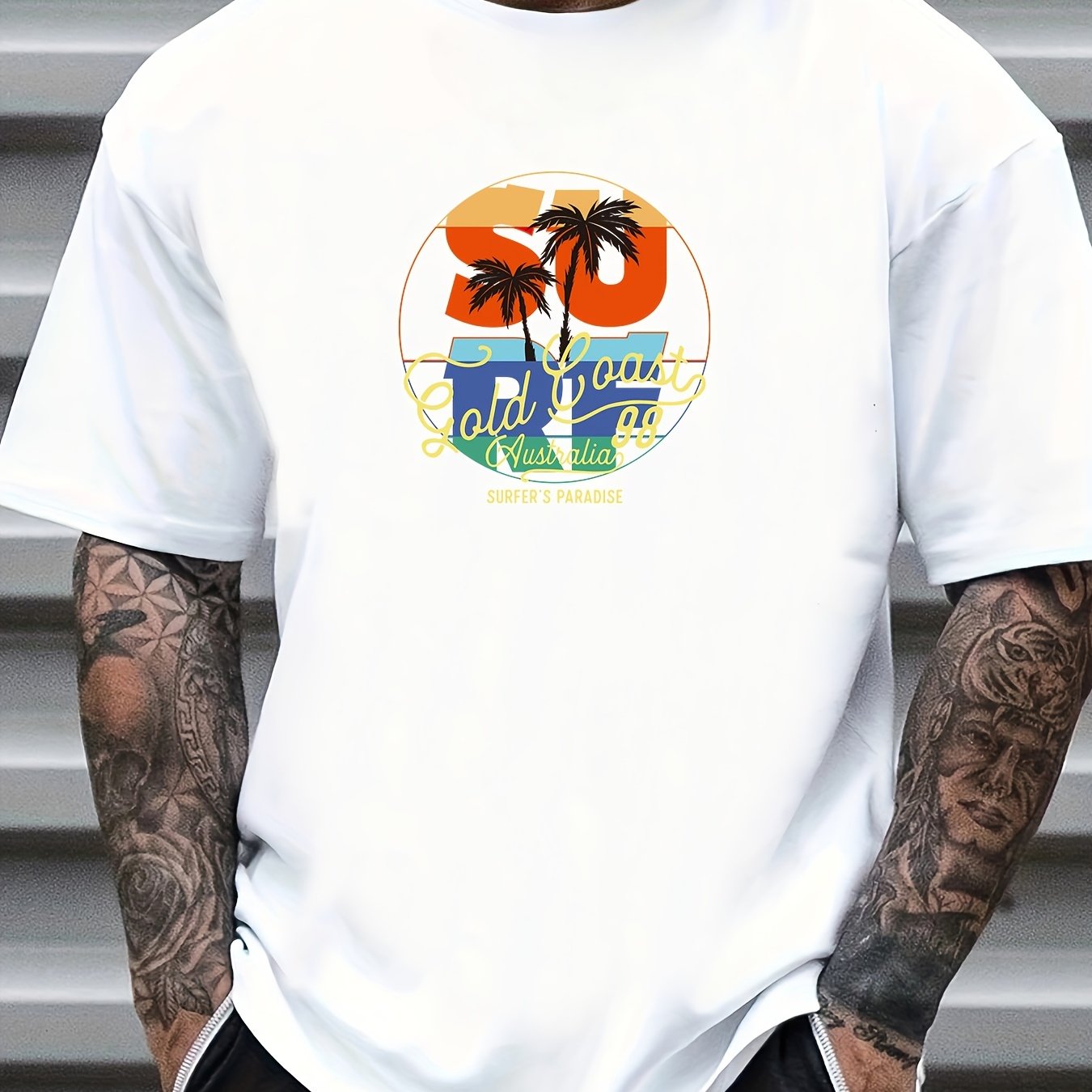 Coconut Tree Retro Number Print Men's Graphic Crew Neck T shirt