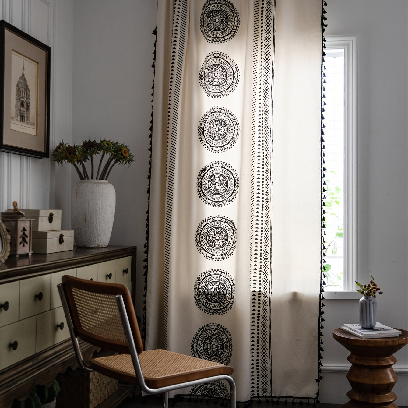 Boho Geometric Print Cream Curtain With Fringe - Semi Blackout