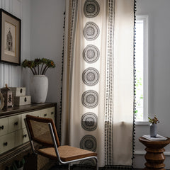 Boho Geometric Print Cream Curtain With Fringe - Semi Blackout