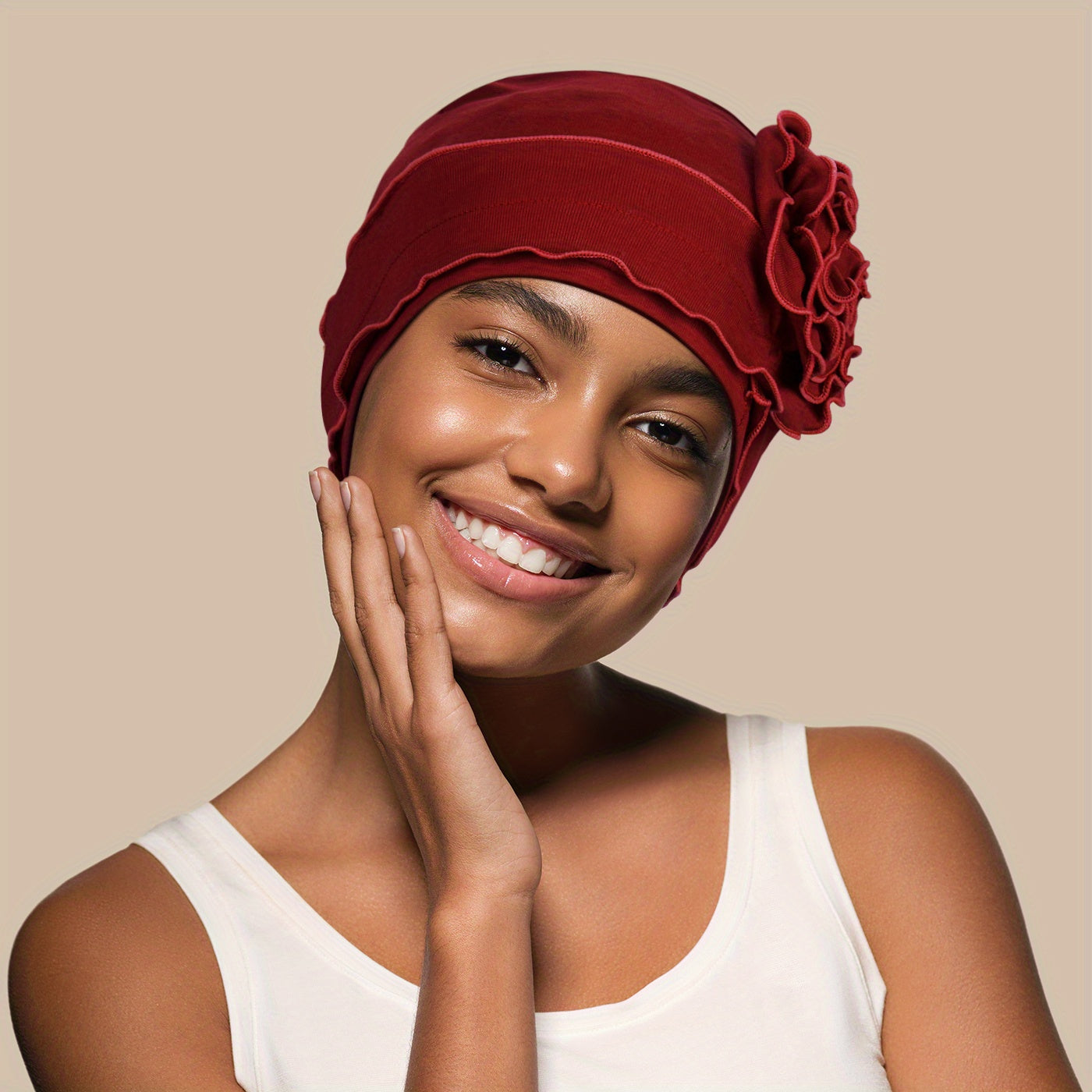Ruffles Plate Flower Turban Cap Head Wrap Solid Elastic Beanies