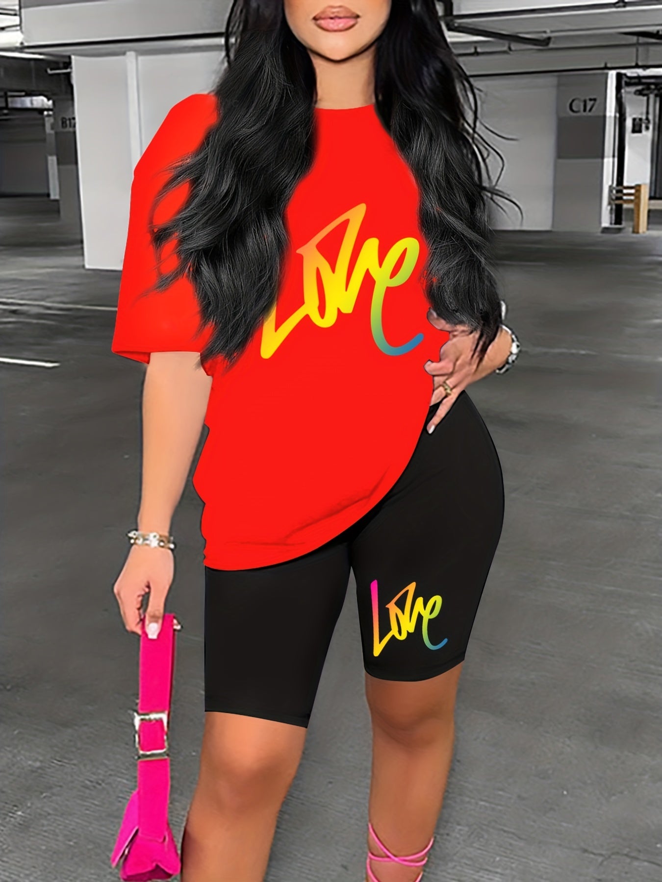 Love Print 2pc Set Short Sleeve T Shirt & Shorts Casual Outfits