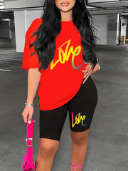 Love Print 2pc Set Short Sleeve T Shirt & Shorts Casual Outfits