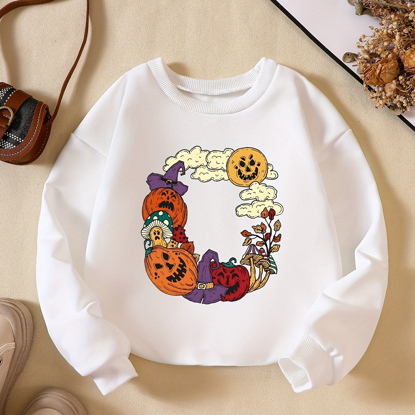 Cartoon Halloween Biosphere Print Crew Neck Sweatshirt for Girls