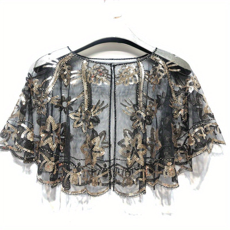 Vintage Sequin Embroidery Shawl Ruffles Cape
